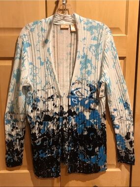 New NorthCrest White and Light Blue Open Knit Cardigan